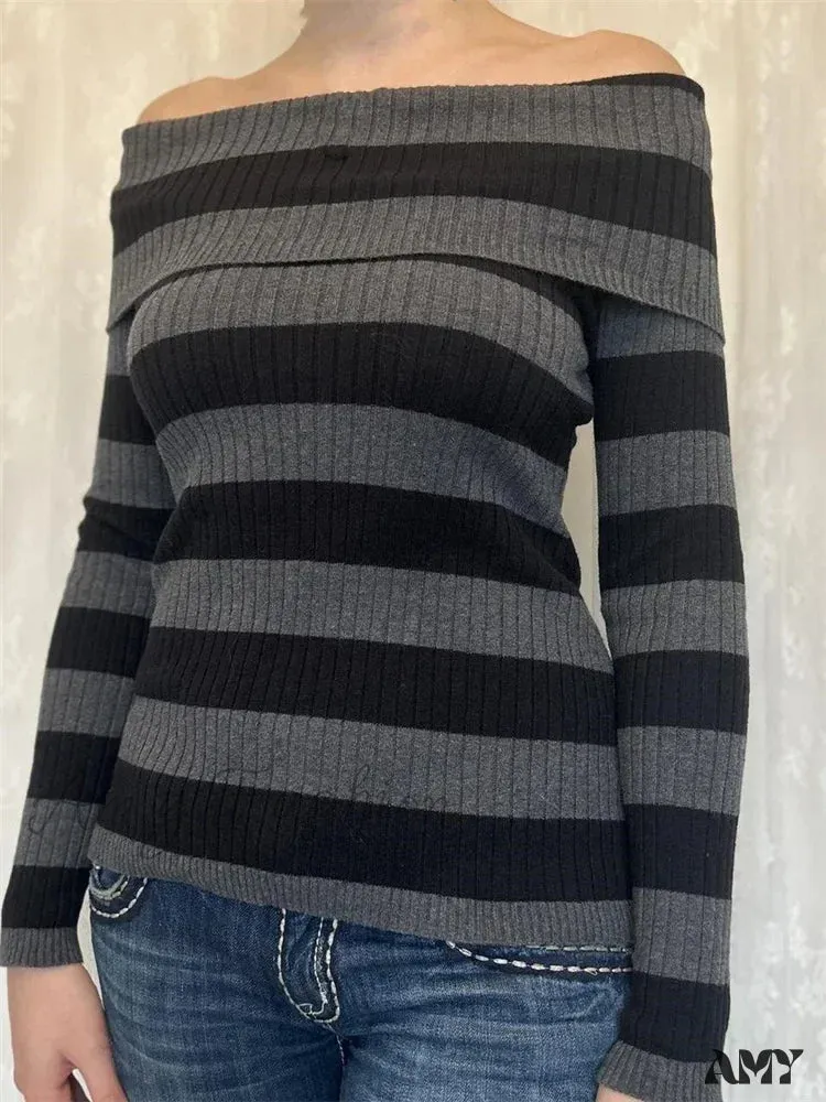Amy Fashion - Retro Slash Neck Off Shoulder RibbedLong Sleeve  T-shirts