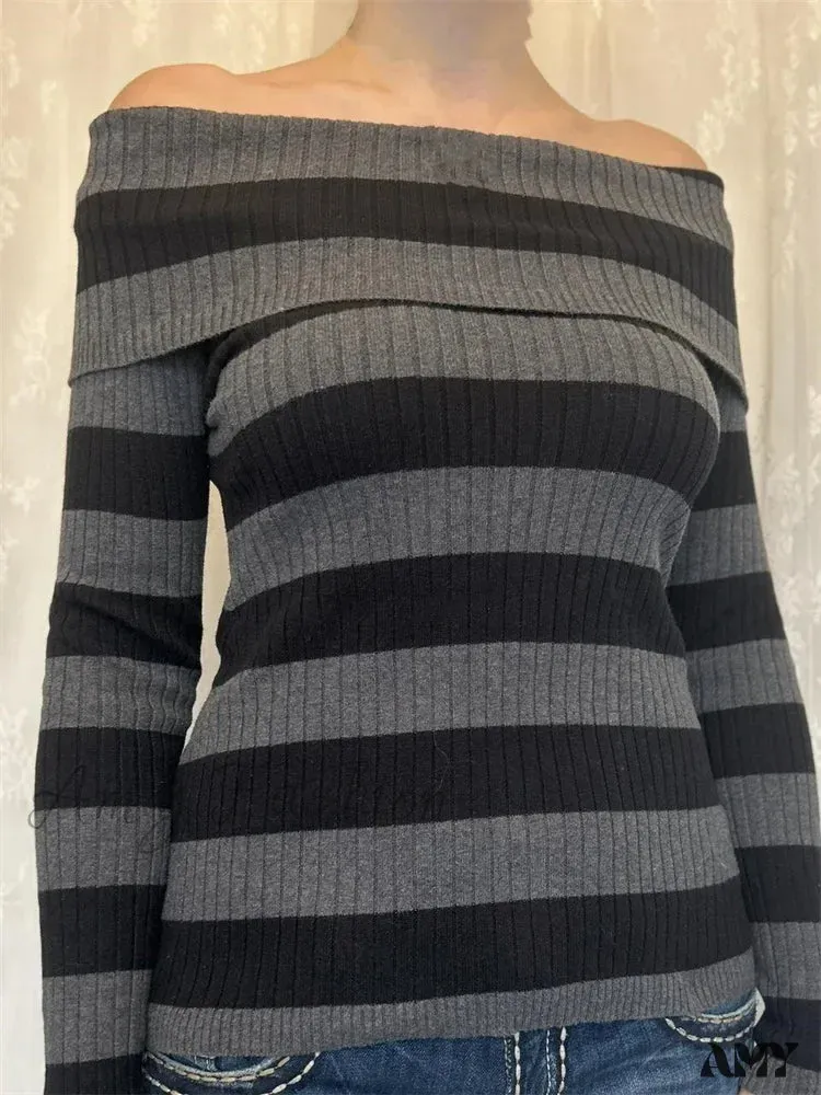 Amy Fashion - Retro Slash Neck Off Shoulder RibbedLong Sleeve  T-shirts