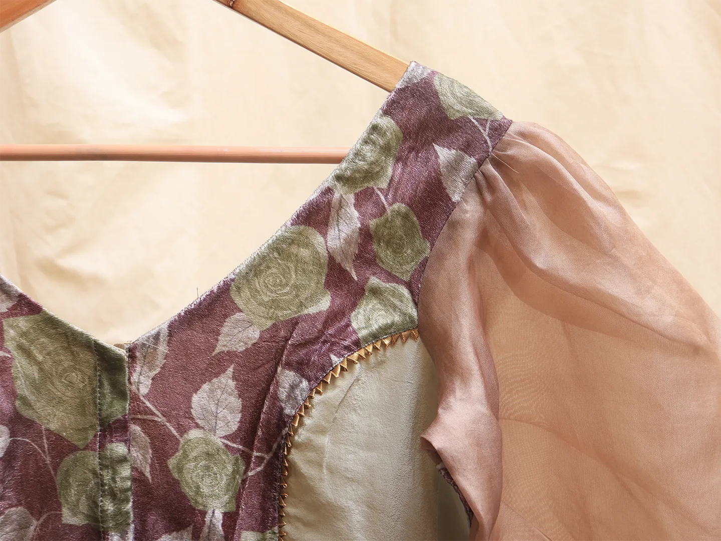 Beige green and grape purple velvet blouse