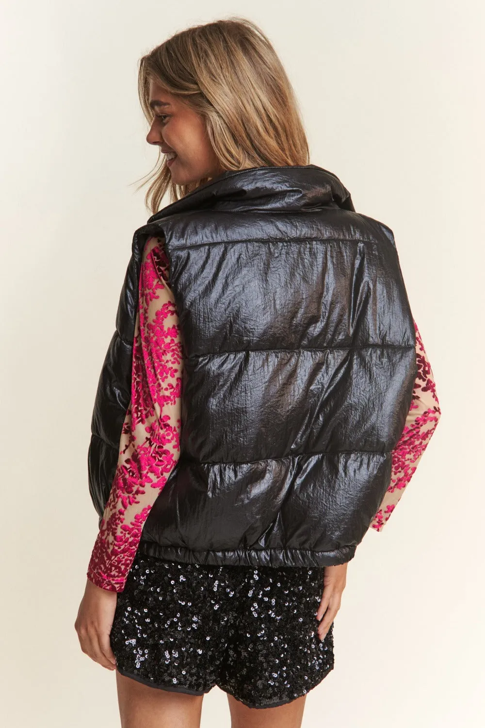 Blue Zone Planet |  J.NNA Snap and Zipper Shiny Metallic Puffer Vest