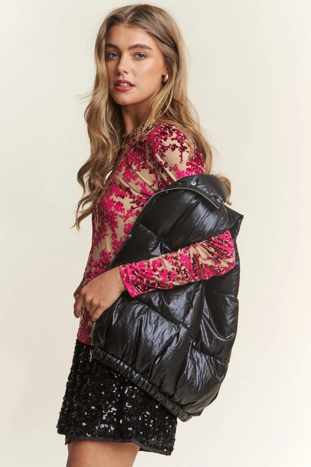 Blue Zone Planet |  J.NNA Snap and Zipper Shiny Metallic Puffer Vest