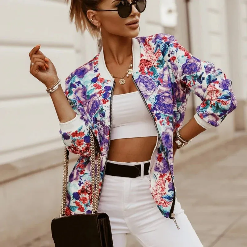 Flower Print Long Sleeve Women's Bomber Jacket Slim Fit Elegance
