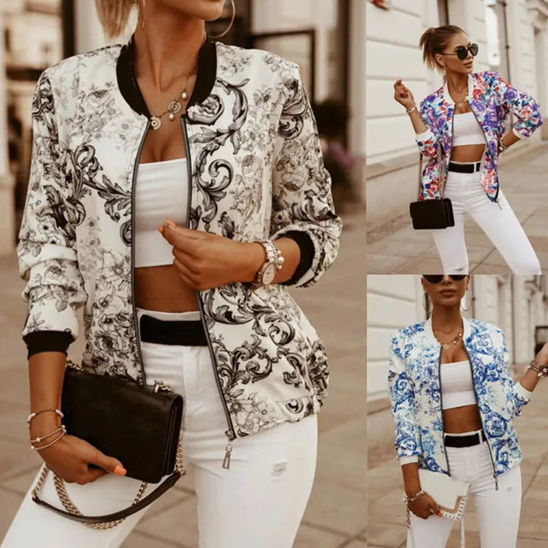 Flower Print Long Sleeve Women's Bomber Jacket Slim Fit Elegance