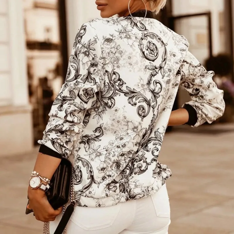 Flower Print Long Sleeve Women's Bomber Jacket Slim Fit Elegance