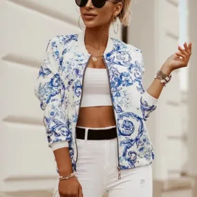 Flower Print Long Sleeve Women's Bomber Jacket Slim Fit Elegance
