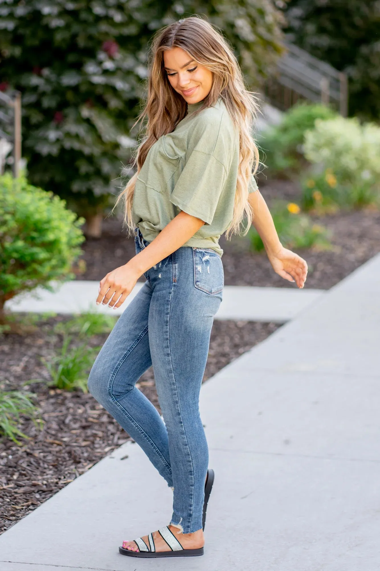 Hi Waist Tummy Control Vintage Wash Hem Destroy Skinny