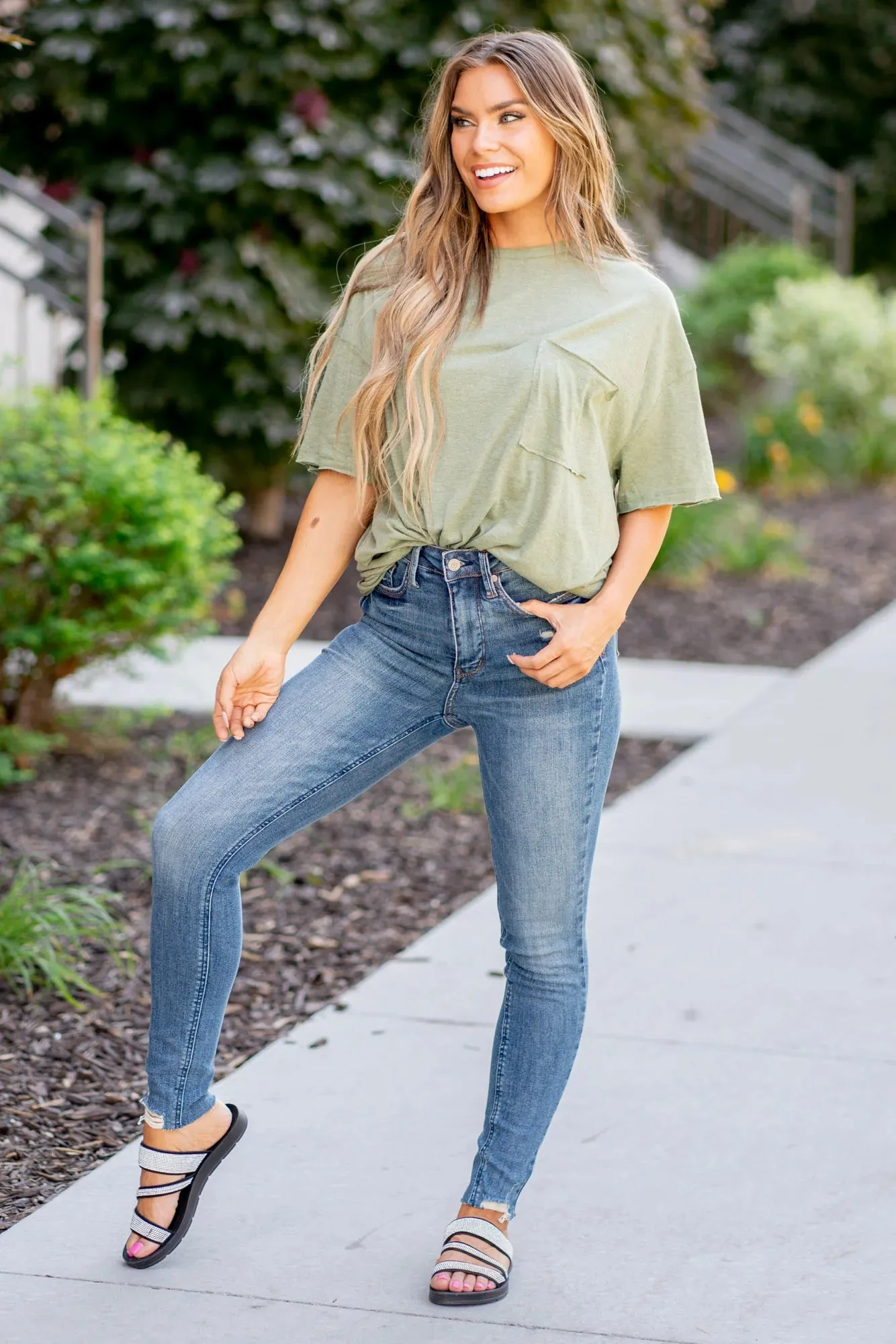 Hi Waist Tummy Control Vintage Wash Hem Destroy Skinny