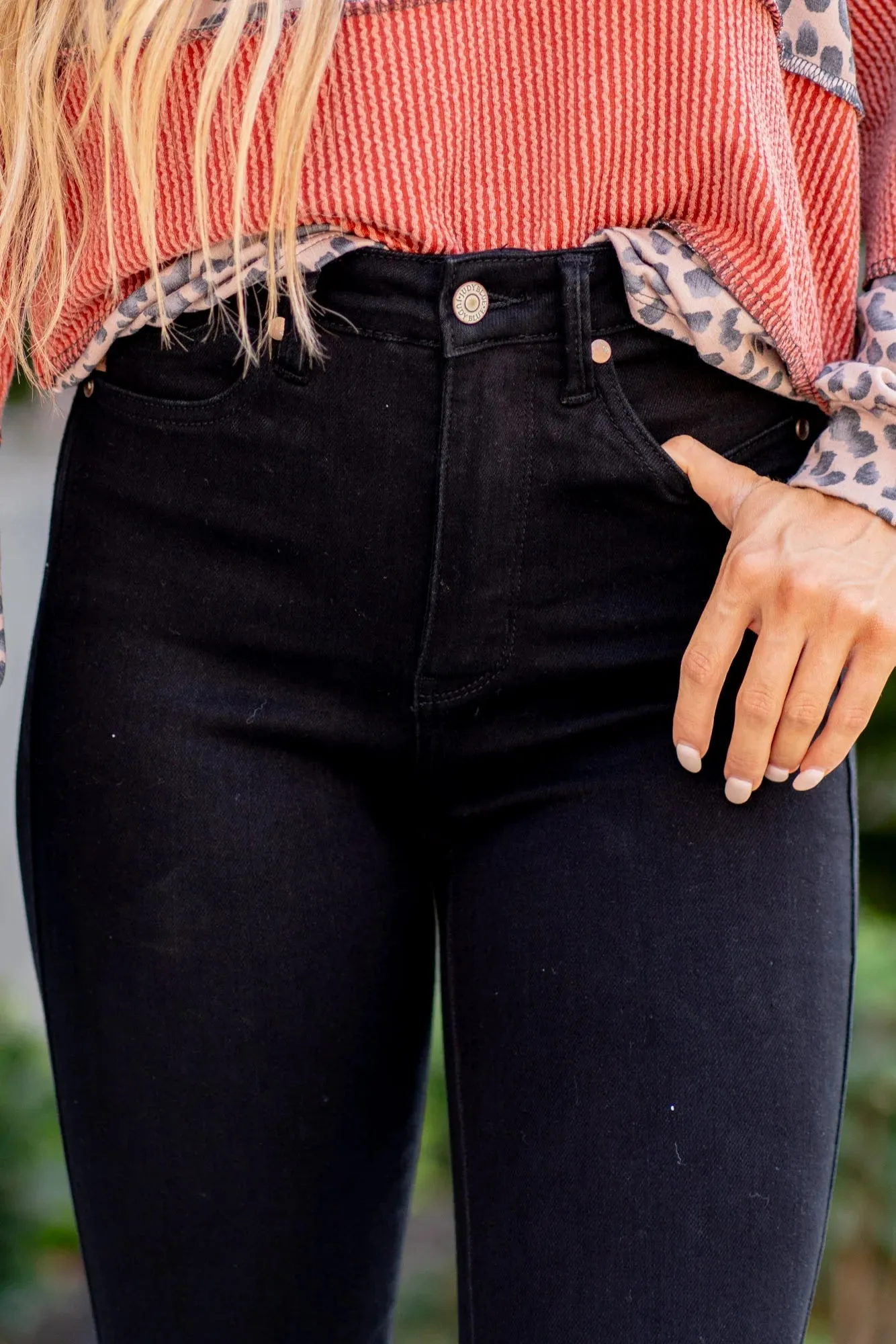 High Waist Tummy Control Shield Pockets Skinny - Black