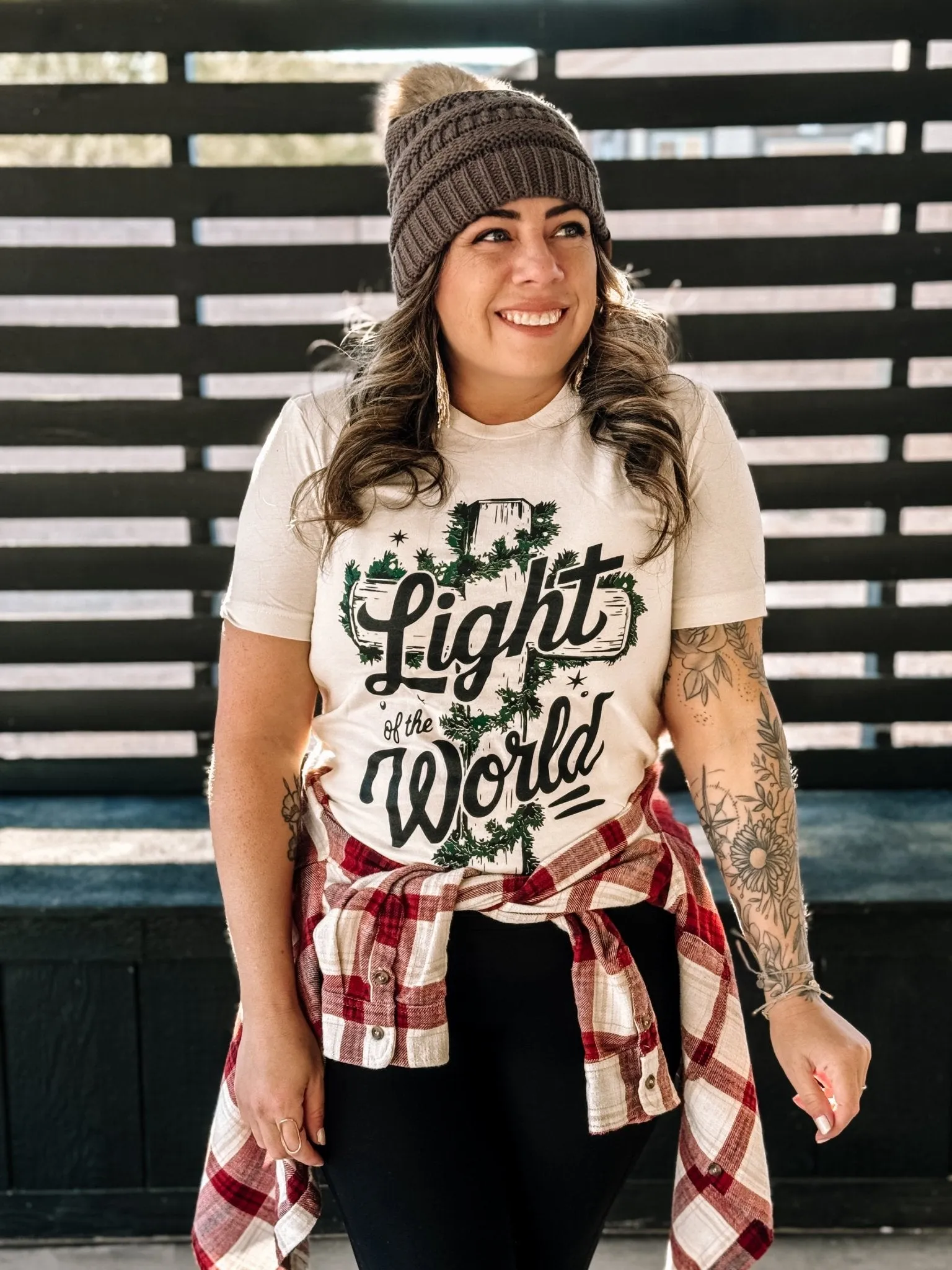 Light Of The World Christian Boho Christmas Graphic Tee, Natural