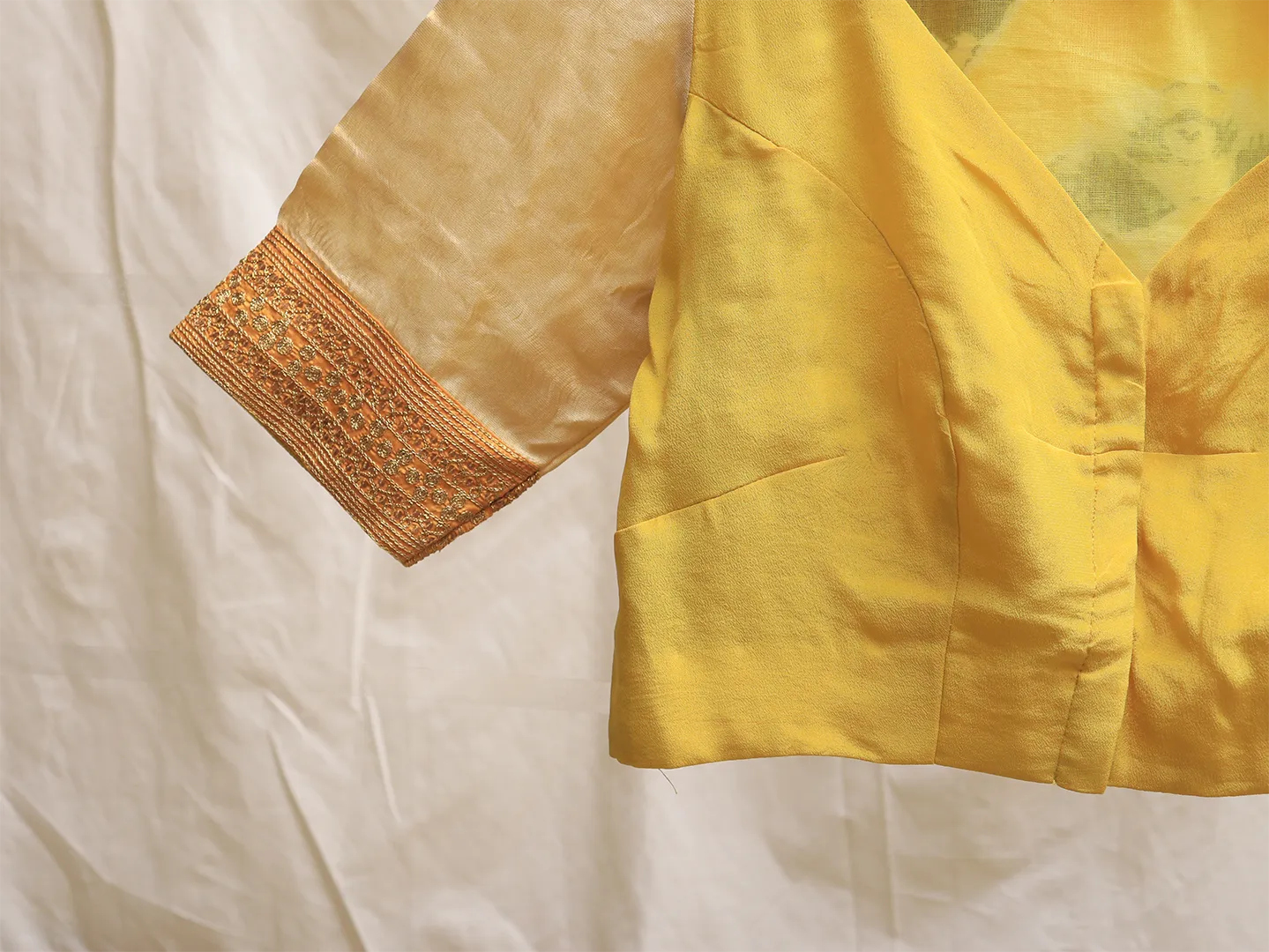 School bus yellow, crepe silk, Hand embroidery blouse