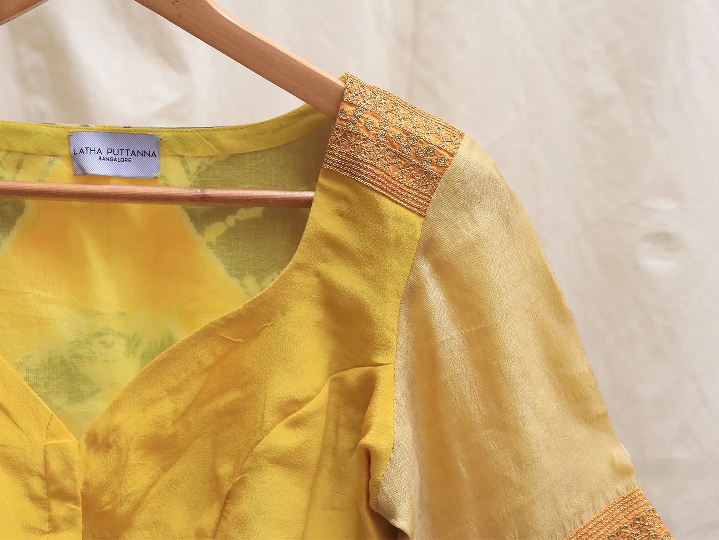 School bus yellow, crepe silk, Hand embroidery blouse