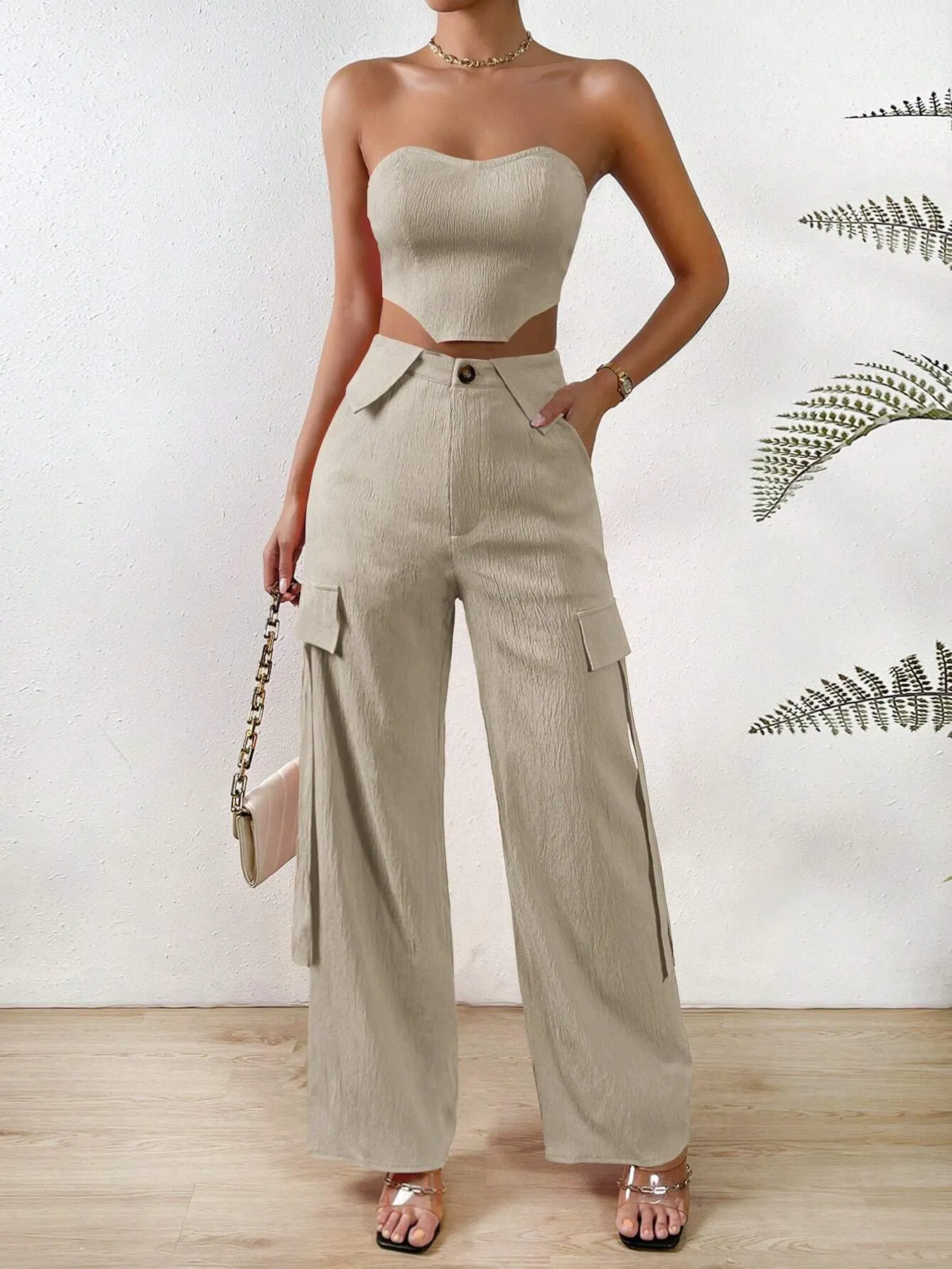 Solid Tube Top And Flap Pocket Side Cargo Pants