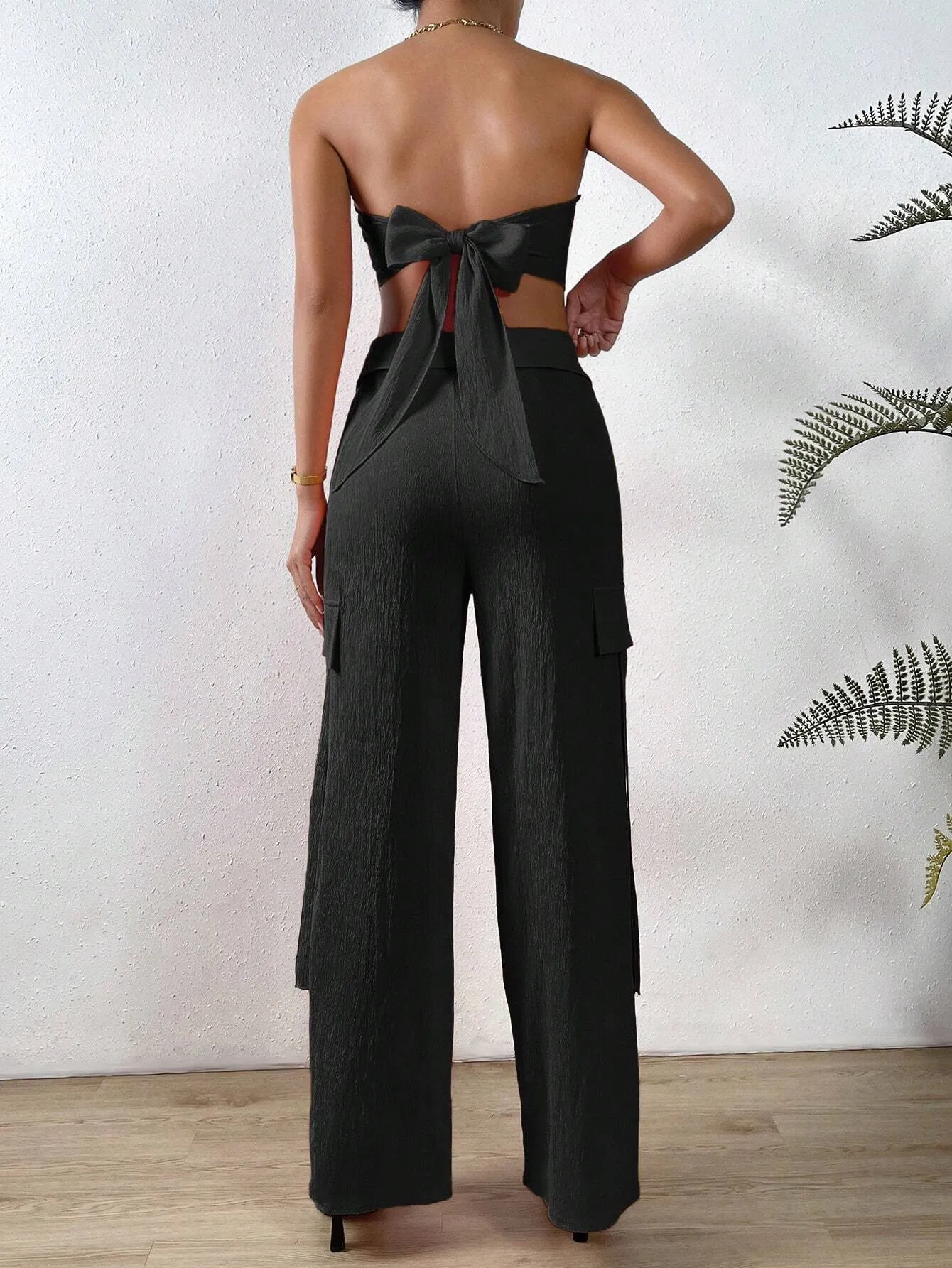 Solid Tube Top And Flap Pocket Side Cargo Pants