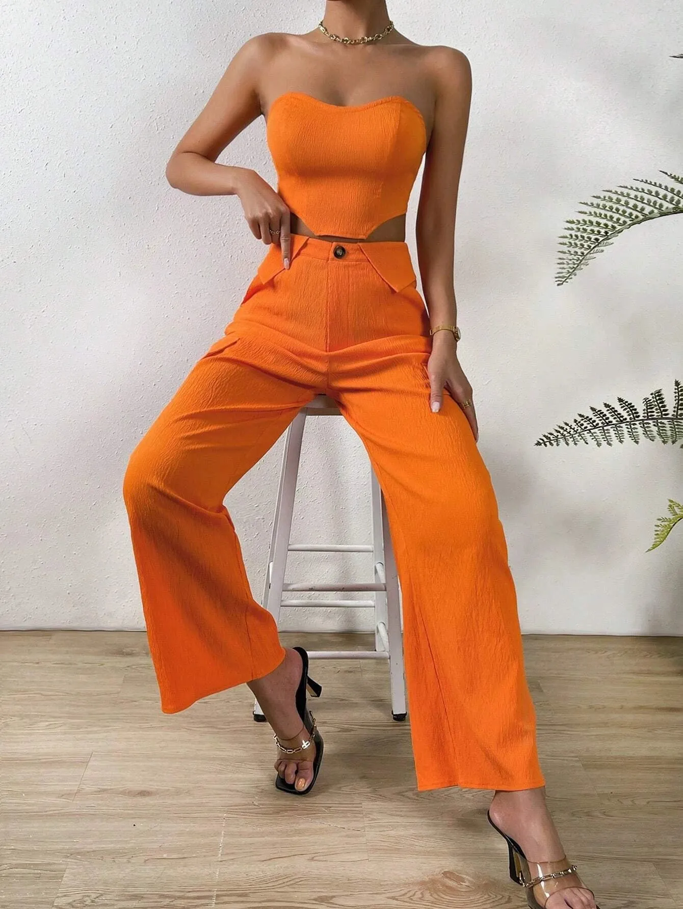 Solid Tube Top And Flap Pocket Side Cargo Pants