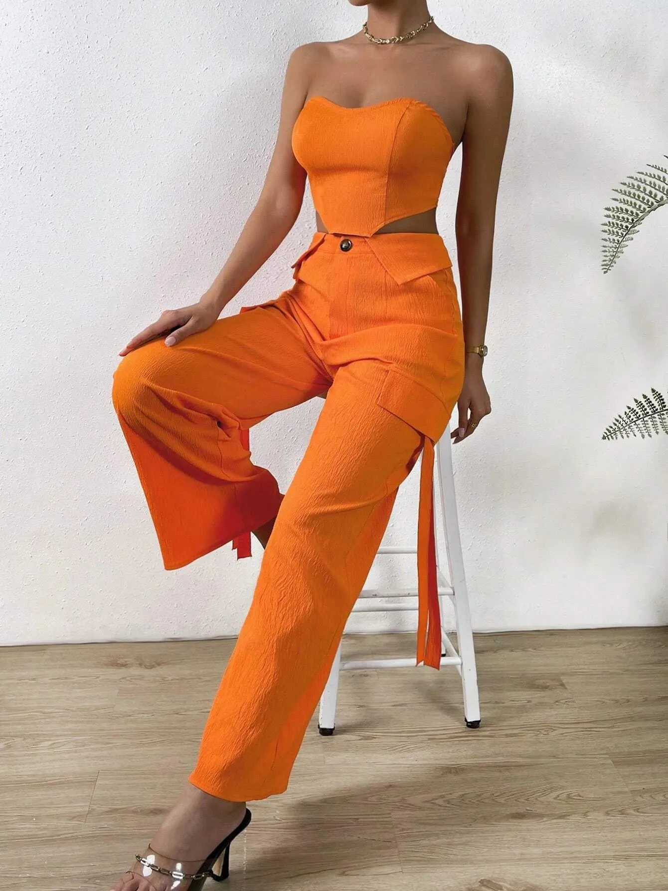 Solid Tube Top And Flap Pocket Side Cargo Pants