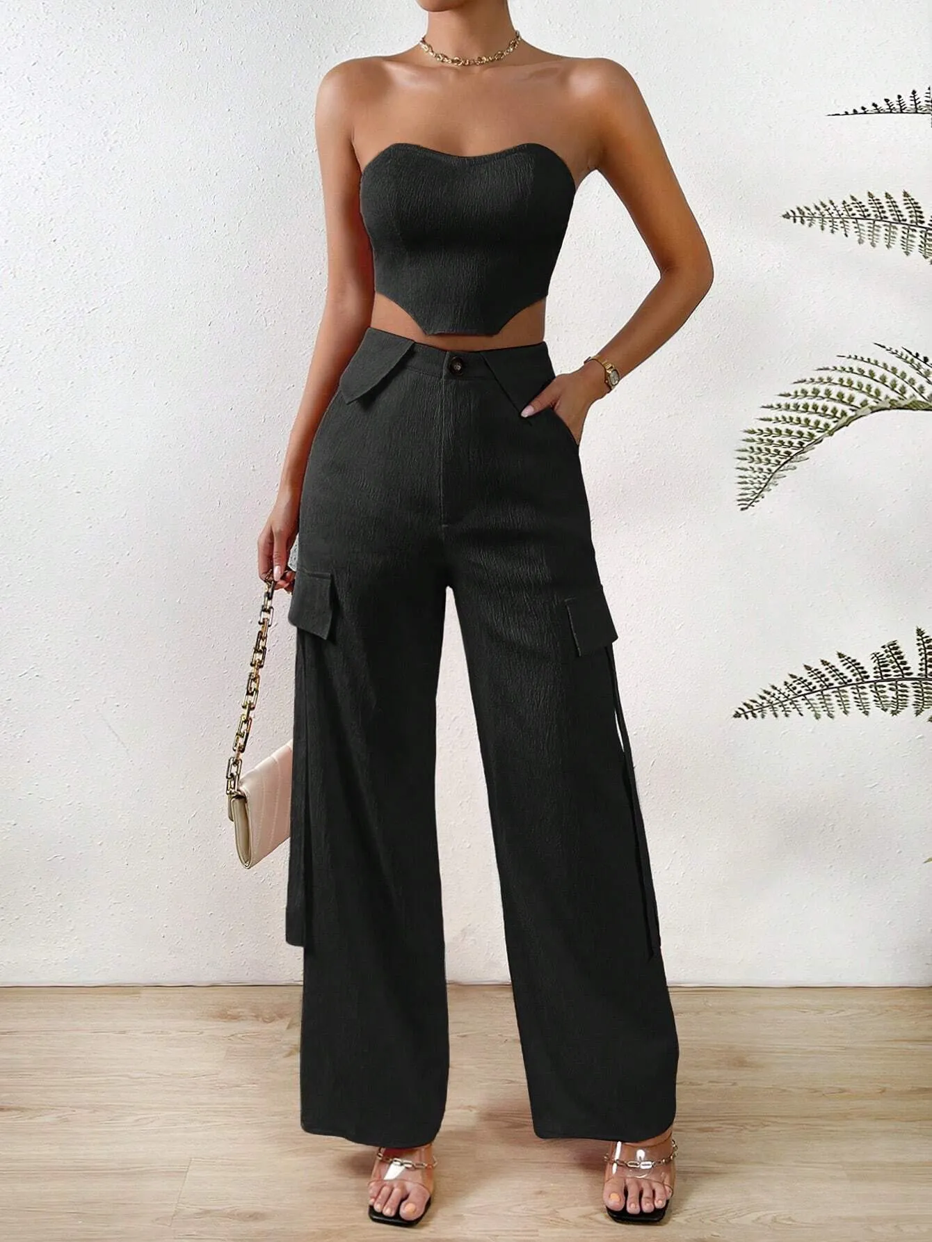 Solid Tube Top And Flap Pocket Side Cargo Pants