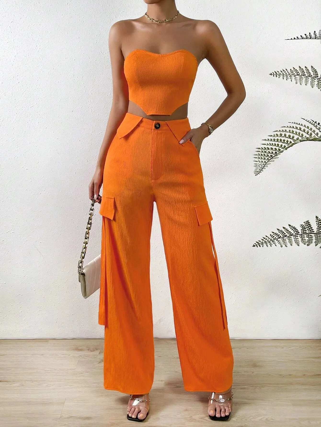 Solid Tube Top And Flap Pocket Side Cargo Pants